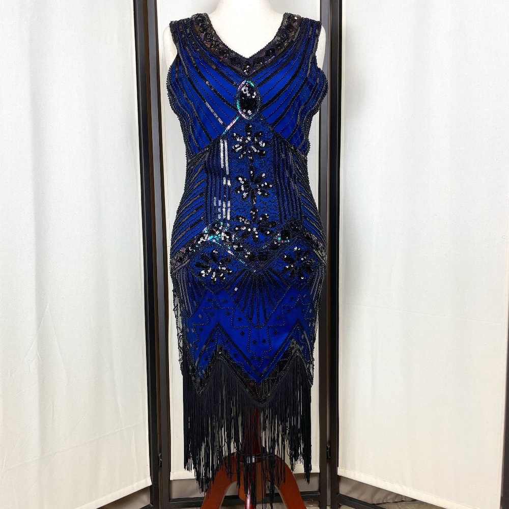 Babeyond Beaded Fringe Blue Black Dress Sleeveless Size XL Party Cruise Resort